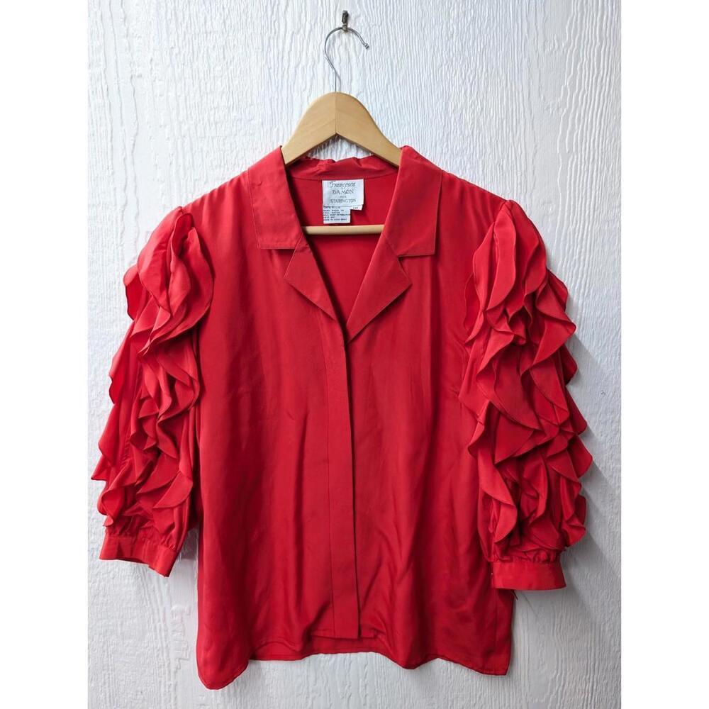 Francesca Of Damon 100% Silk Red Ruffle Sleeve Blouse Top Shirt Luxury Christmas